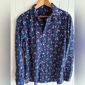Simon Banks Navy French Bulldog in Santa Hat Candy canes buttondown shirt L 16.5
